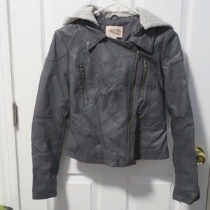 Forever 21 grey faux leather moto jacket with hoodie.